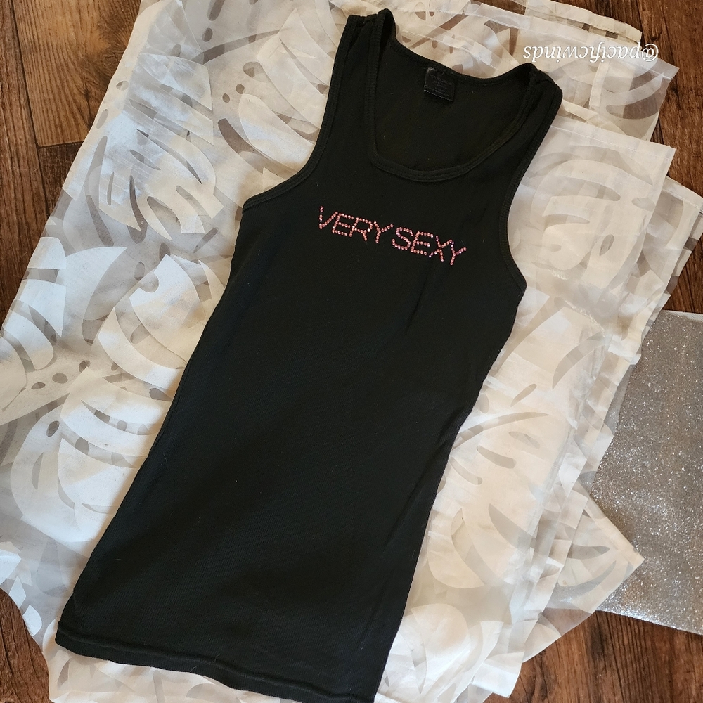 RARE! VICTORIA'S SECRET COTTON LOGO RIBBED TANK Embellished VERY SEXY OSFM BLACK